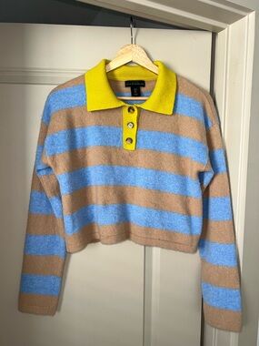 Yellow-Collar Blue & Tan Striped Cropped Polo Sweater cashmere